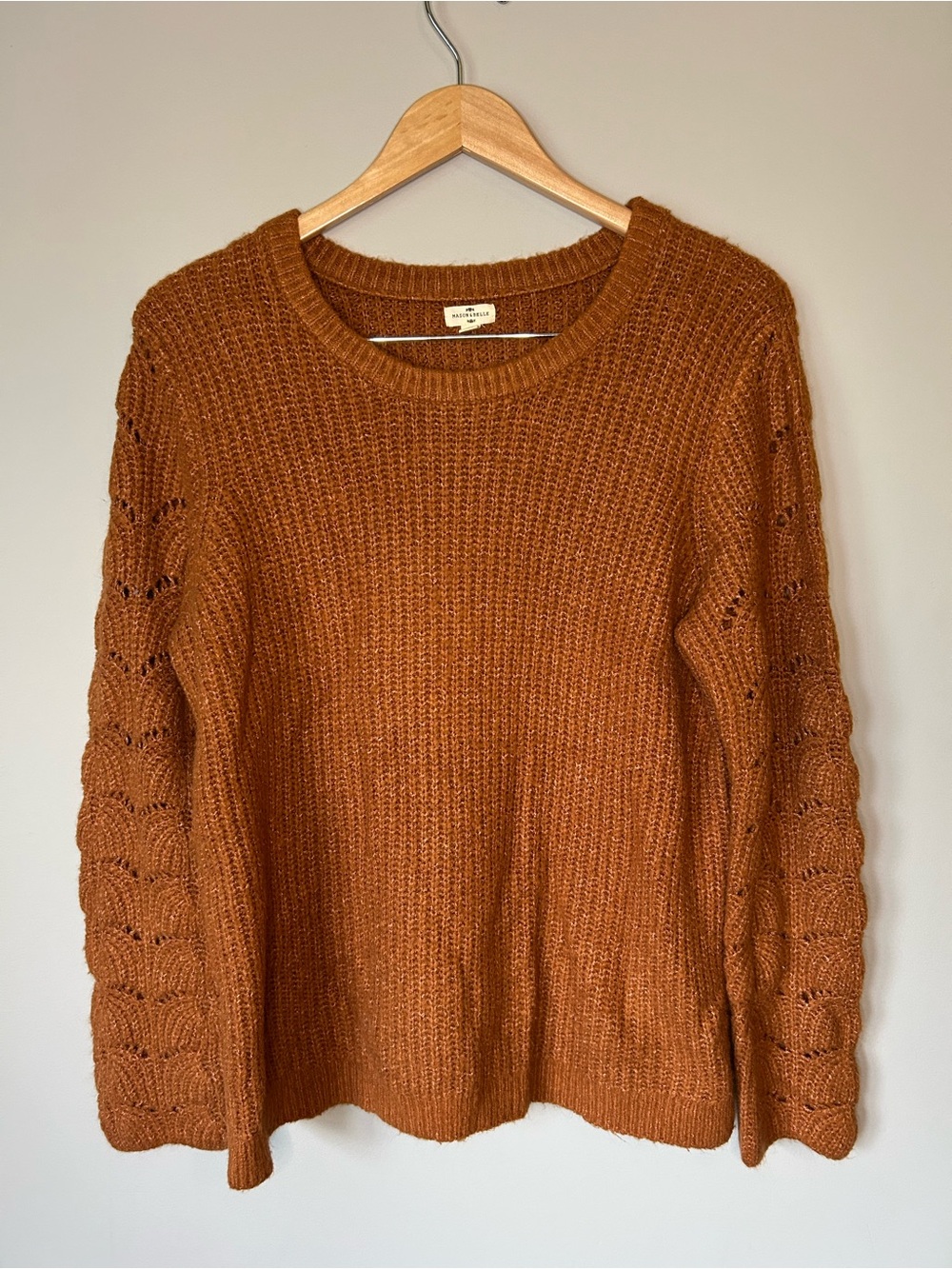 Cozy Cable Sleeve Crew Neck Sweater - Rust